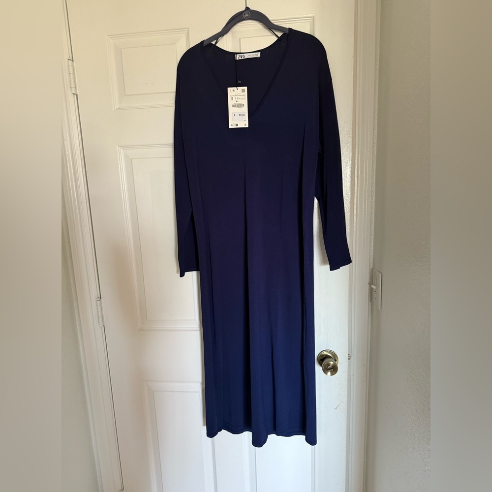 Zara Blue Long Sleeve V-Neck Sheath Dress
